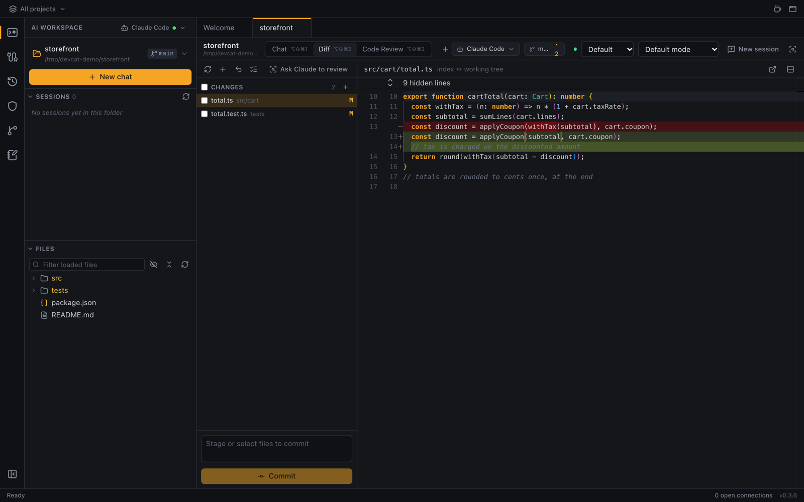 The Diff tab with changed files and a side-by-side diff