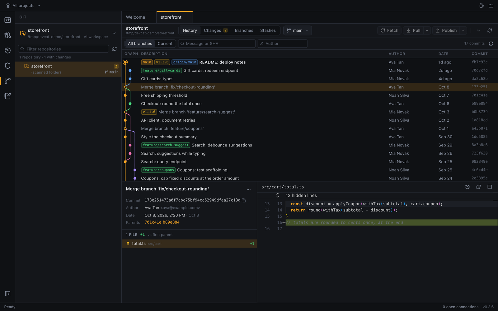 The Git view with a commit graph and branch list