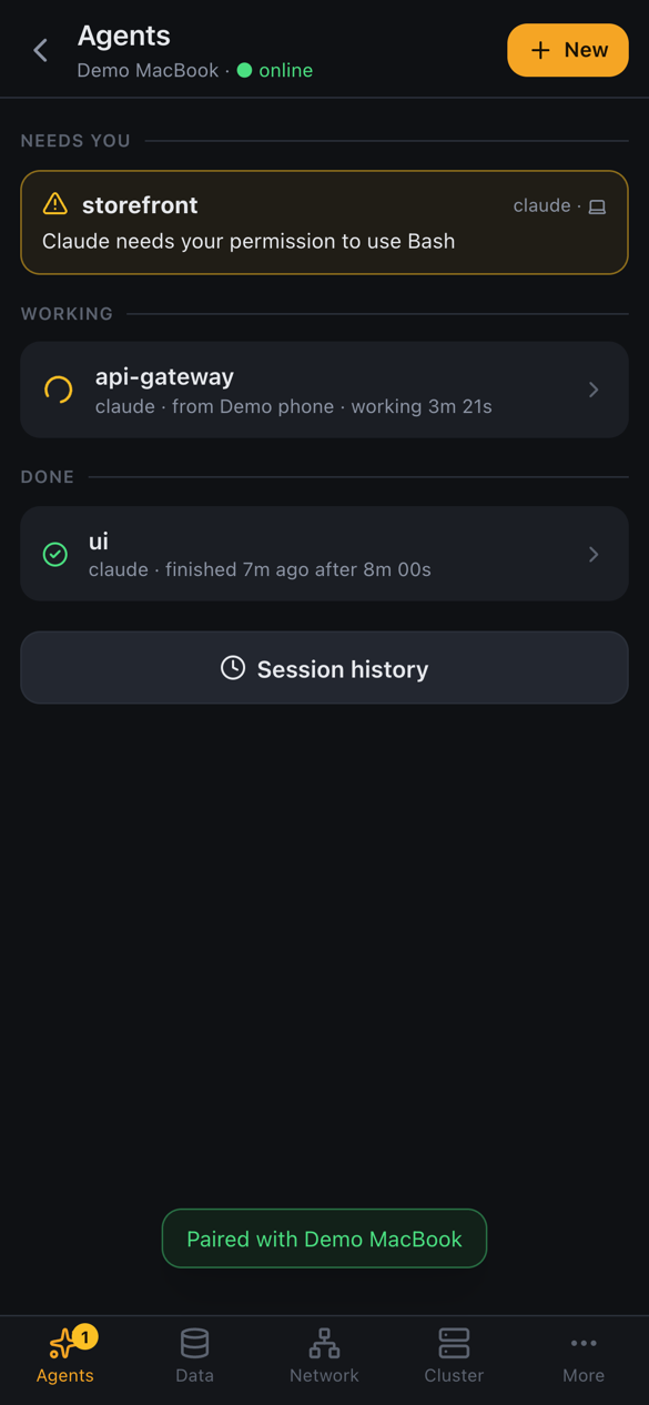 DevCat Mobile listing the running agents
