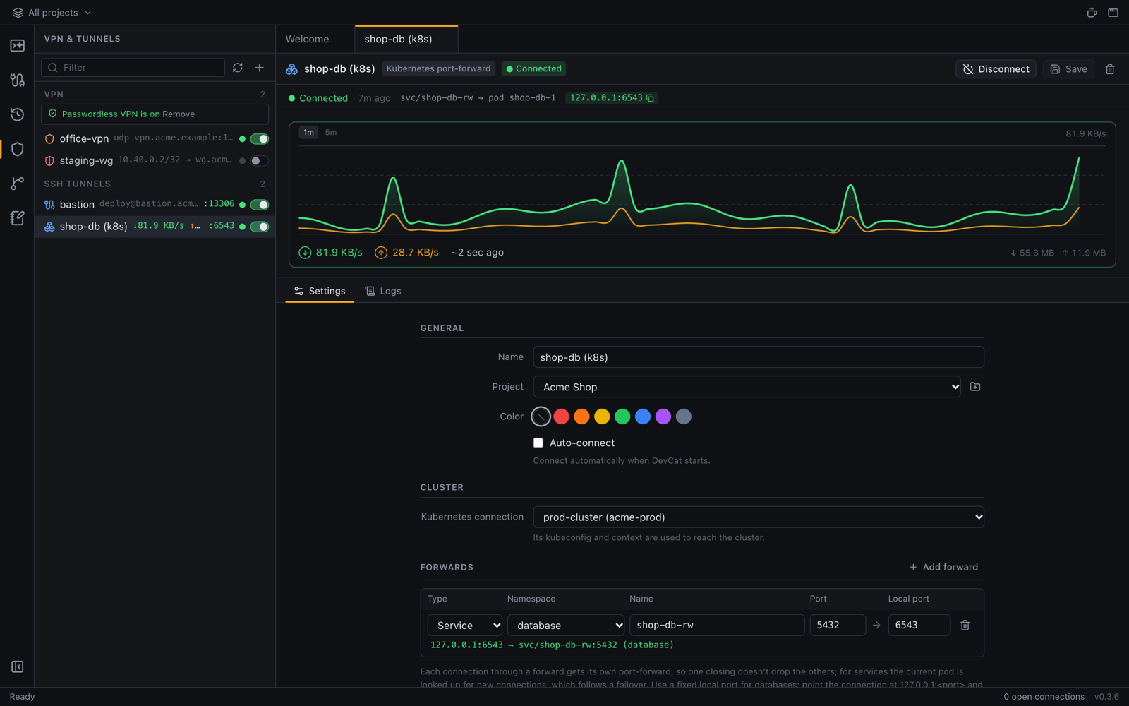 The network view with VPN connections and SSH tunnels