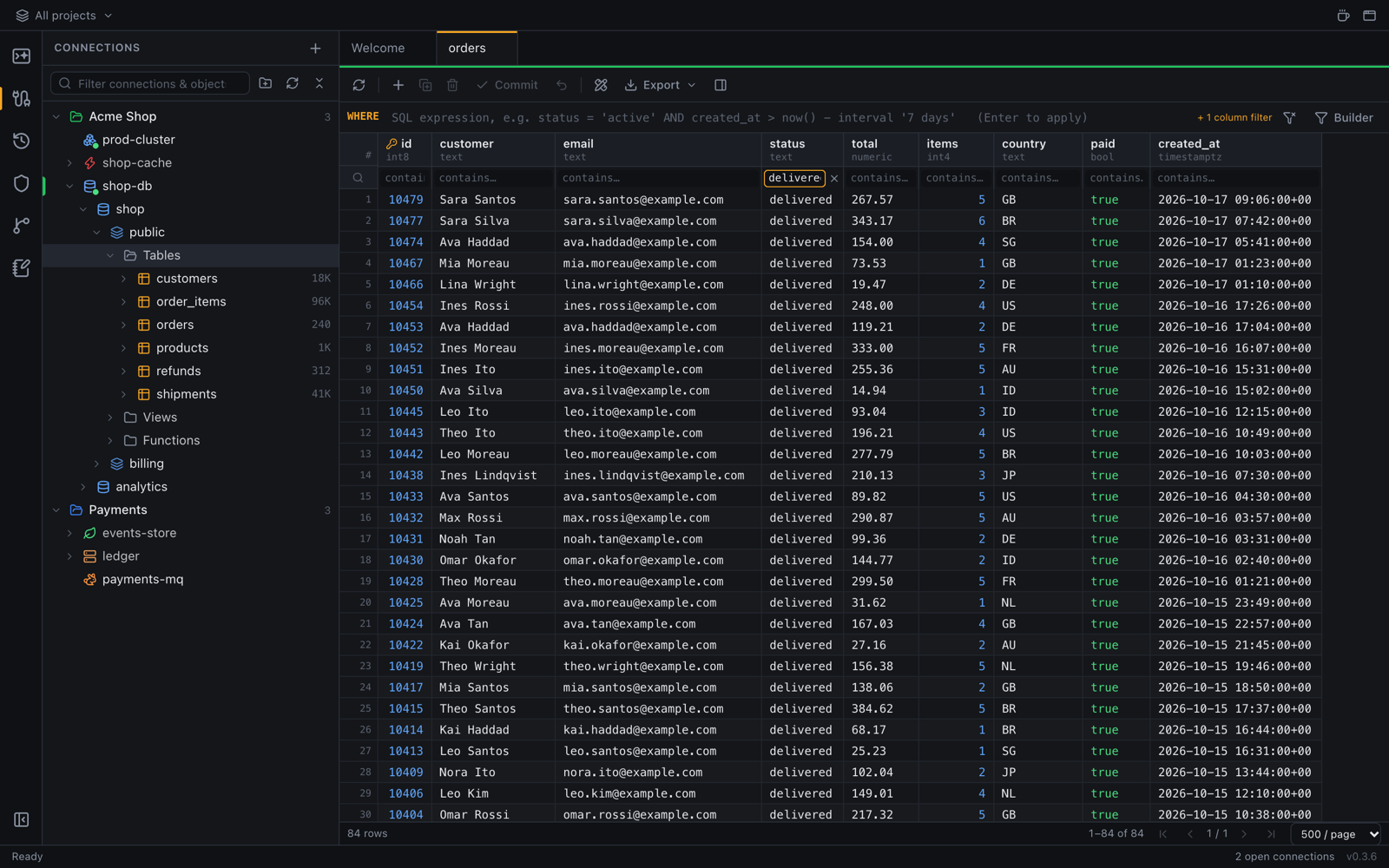 A table open in the data grid